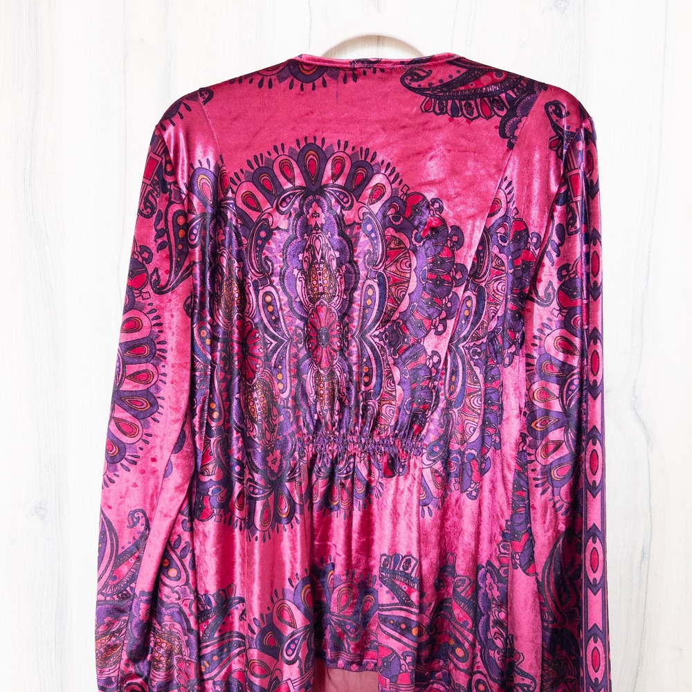 Womens Velvet Cardigan L Pink Paisley Sheer Trim Open Front Boho Festival Artsy - Picture 8 of 8